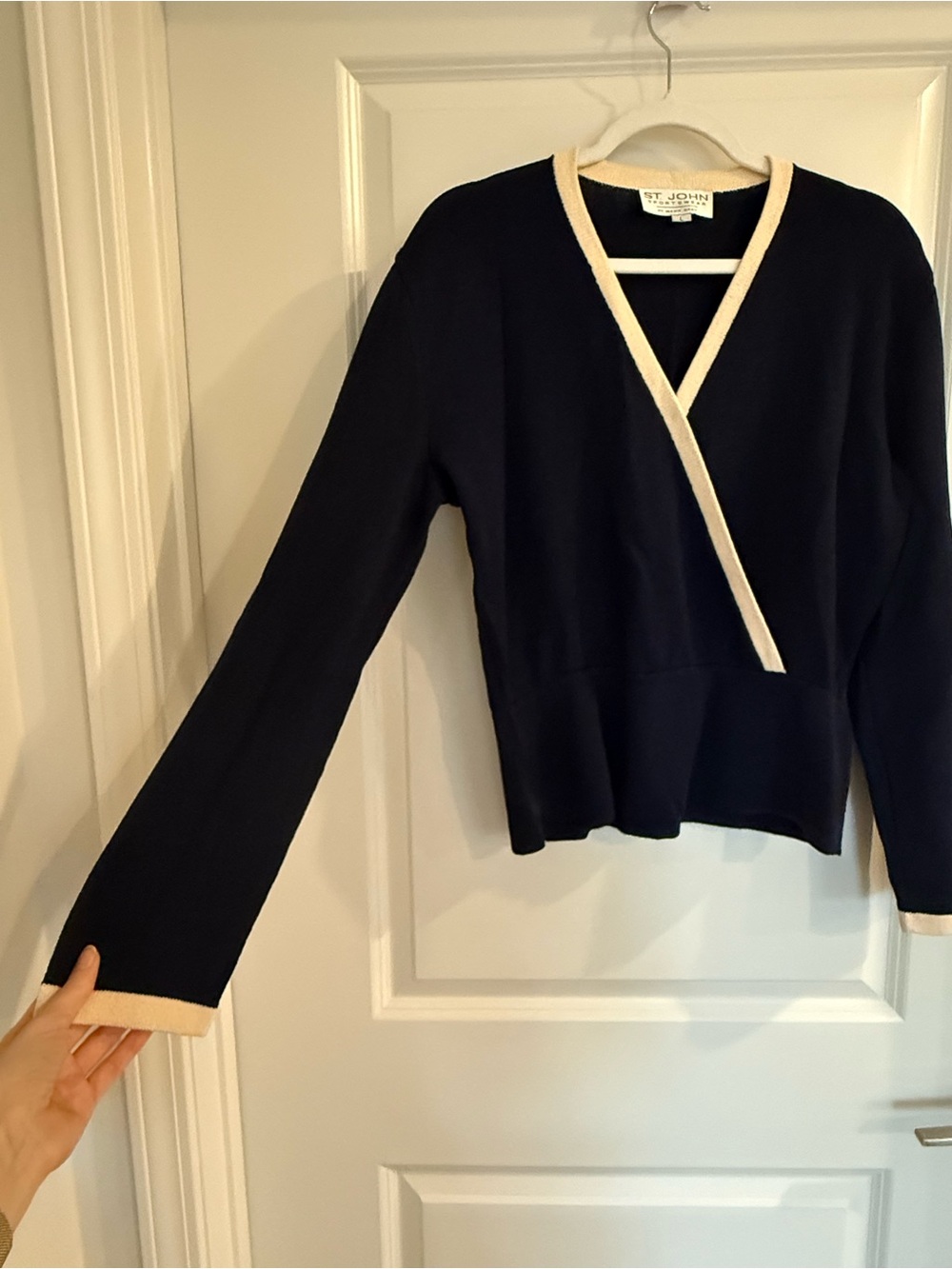St. John Navy V-Neck Wrap-Style Sweater with Cream Trim Accents - Picture 7 of 9